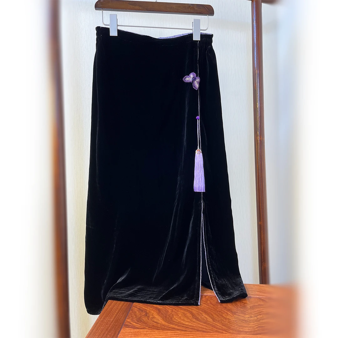 真丝丝绒半身裙100%桑蚕丝高端金丝女士黑色秋冬国风中式长款气质