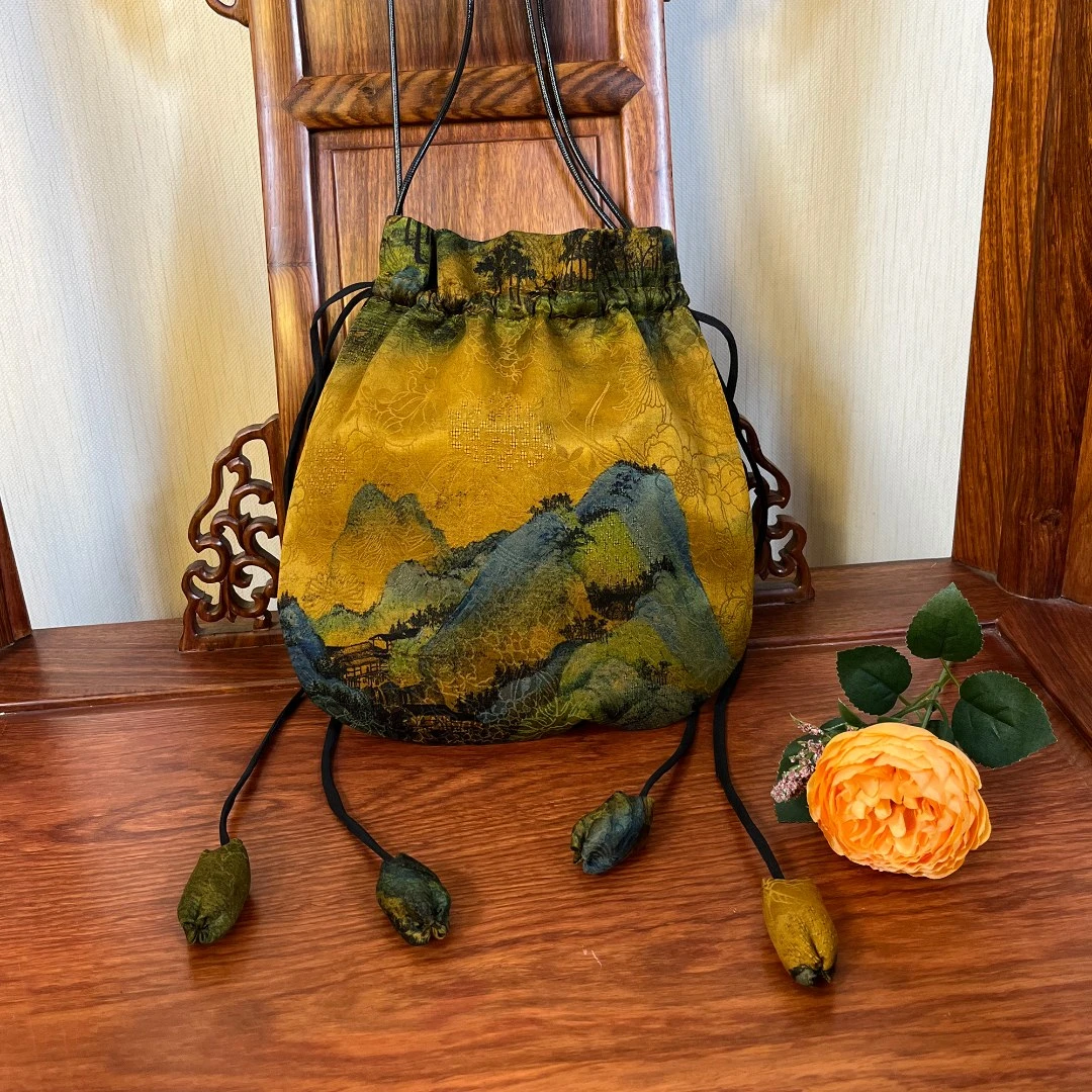 香云纱单肩包古韵中国风手机包百搭抽绳黑女小包100%真丝桑蚕丝