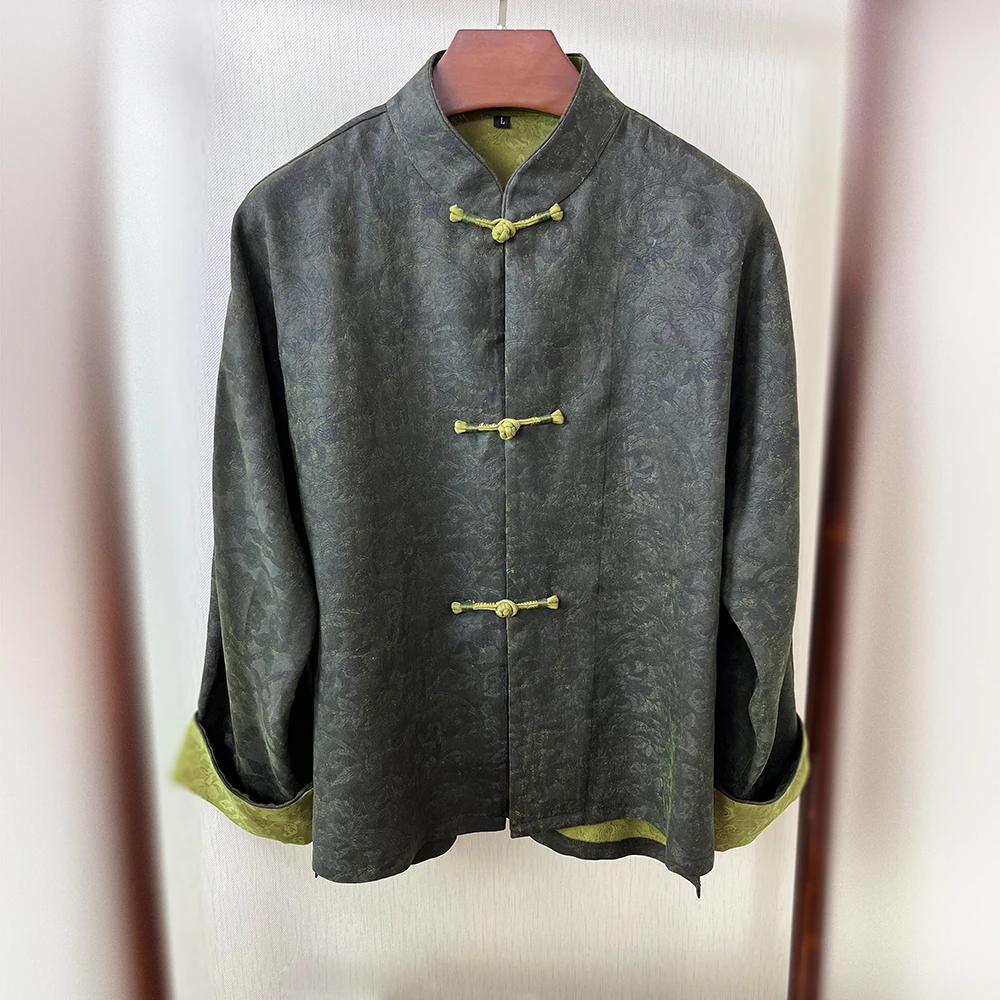 100%桑蚕丝香云纱立领盘扣外套新中式上衣复古衬衫提花长袖40姆米