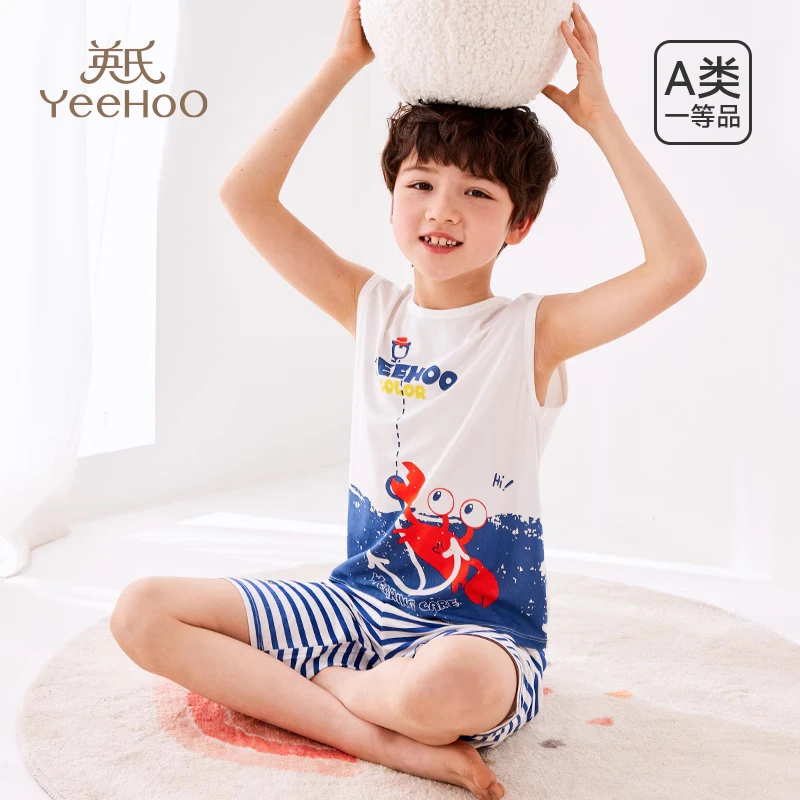 英氏儿童睡衣男孩背心套装男童睡衣夏季薄款家居服空调服