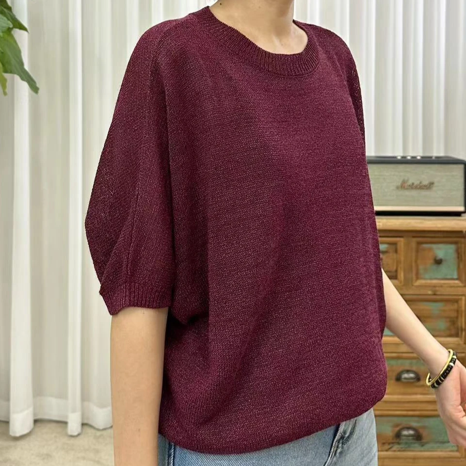 HALUNGLE/海伦格丽  40177  时尚百搭圆领夏季针织中袖针织衫