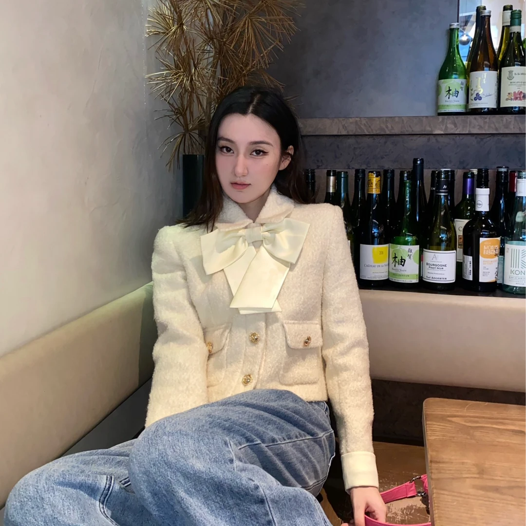 VERA SERIASE新款小香风大蝴蝶结领粗花呢外套 1H3A1WT176