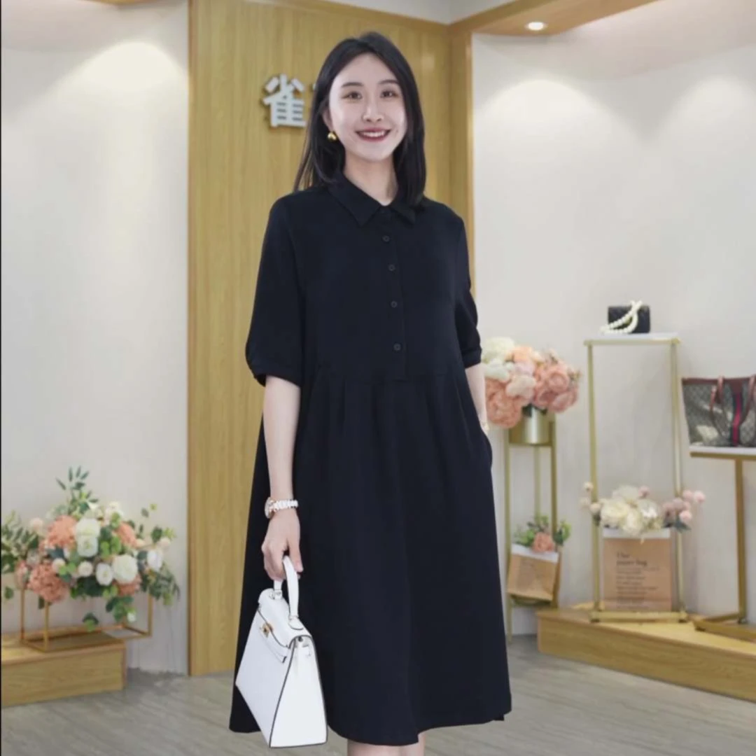 2025春秋新款气质简约翻领连衣裙女显瘦t恤长裙纯色时尚宽松夏季