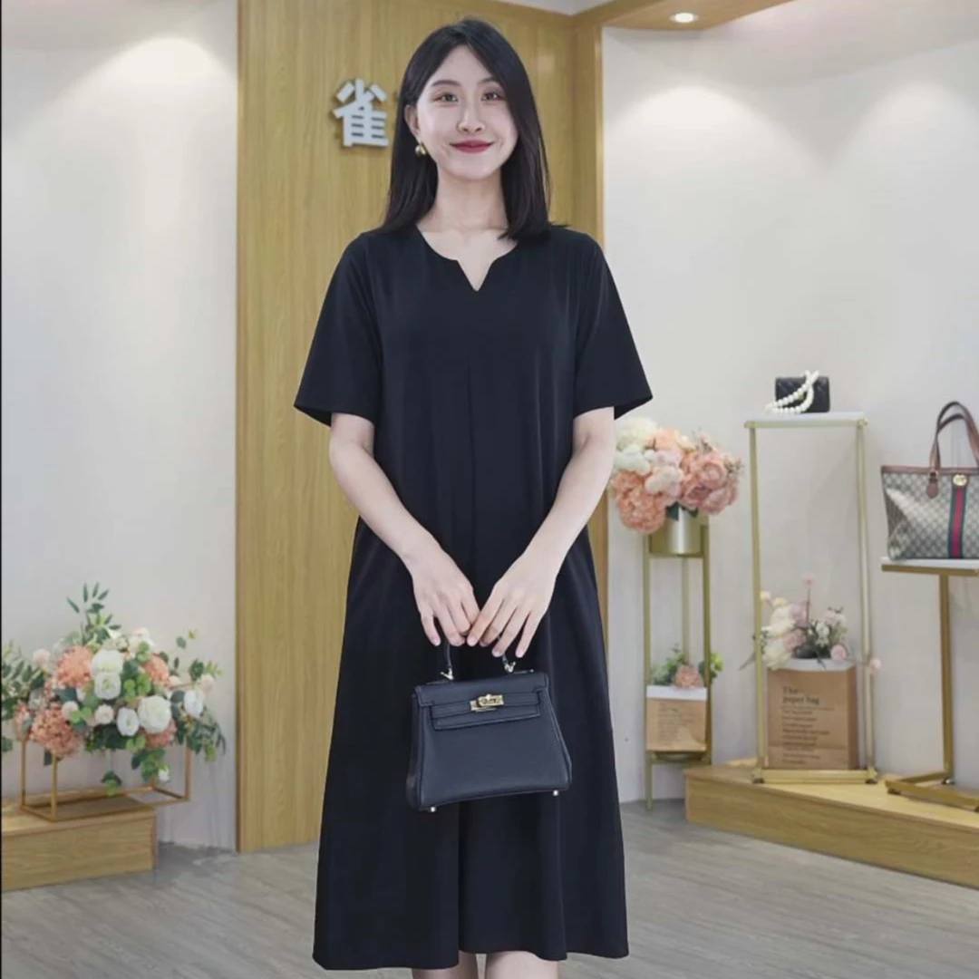 2024年新款V领纯色气质连衣裙女简约显瘦复古中长款夏季裙子女