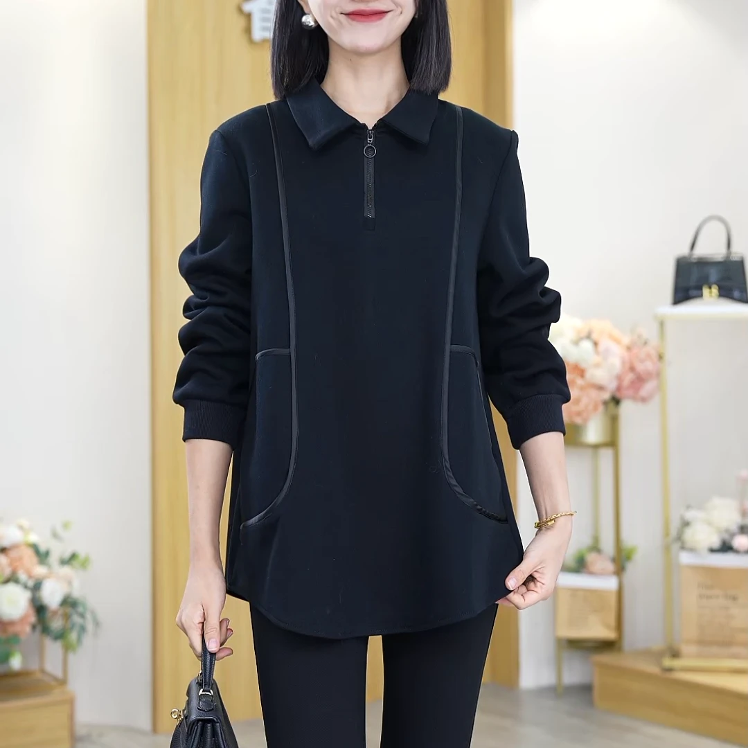 时尚休闲百搭黑色宽松上衣2024女装新款长袖有口袋拼接设计感卫衣