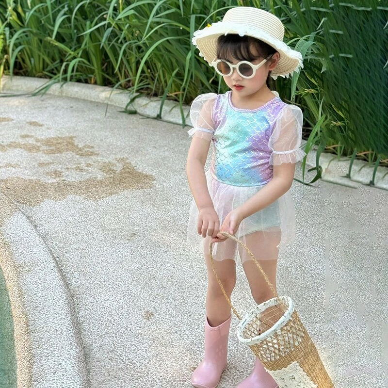2024新款人鱼女童公主洋气连体夏季蕾丝裙式游泳沙滩儿童泳衣