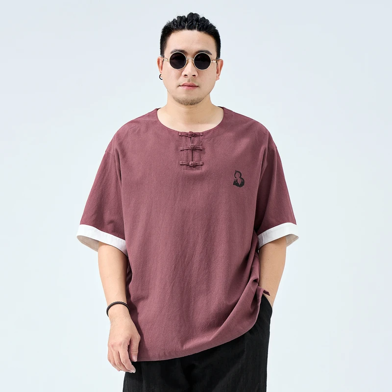 半墨大码男装新中式亚麻T恤男士胖子加大夏季半袖体恤中国风6991