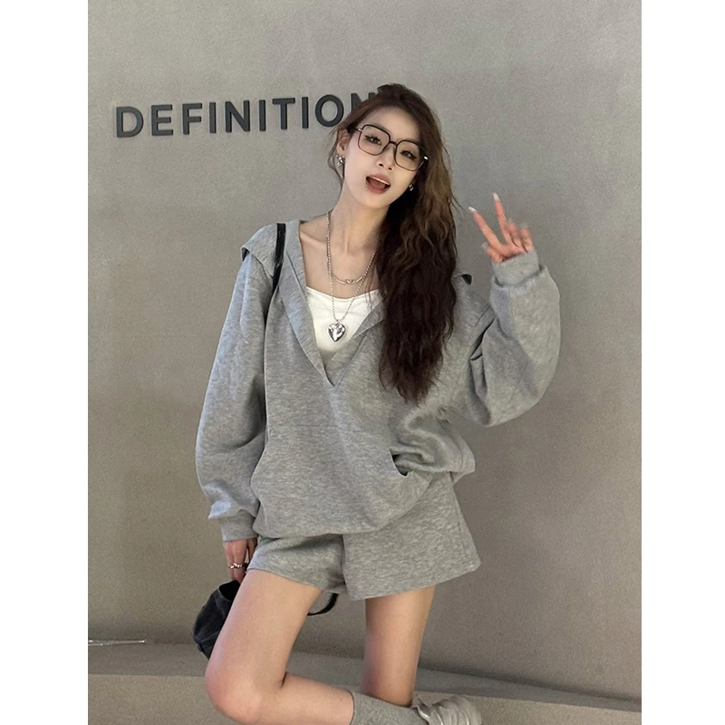 休闲运动套装慵懒连帽宽松卫衣外套女2025春秋直筒短裤灰色两件套