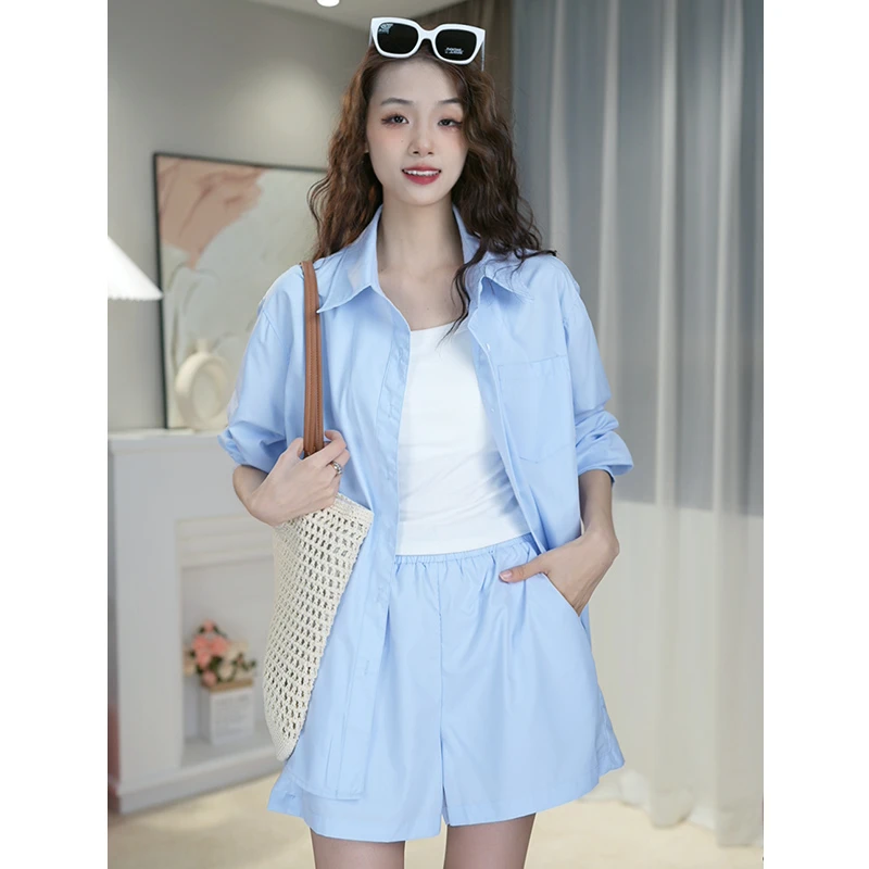 薄荷曼波高品质百搭长袖衬衫短裤两件套装2025夏季新款防晒衬衣女