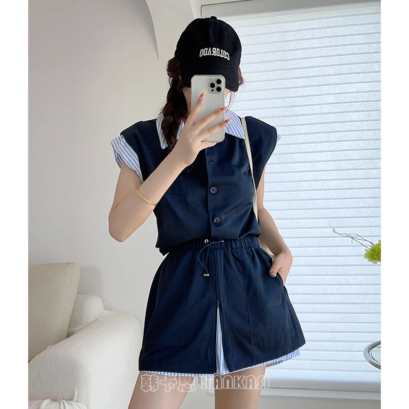 假两件拼接条纹马甲衬衫+裤裙套装女2025夏季新时尚休闲两件套潮