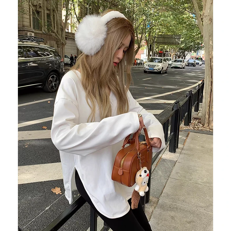 U领打底衫女2025春秋新款长袖内搭宽松上衣中长款开叉大码t恤ins