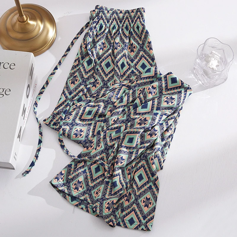 冰丝印花阔腿裤女夏季薄款2025新款高腰垂感宽松直筒休闲防蚊裤子