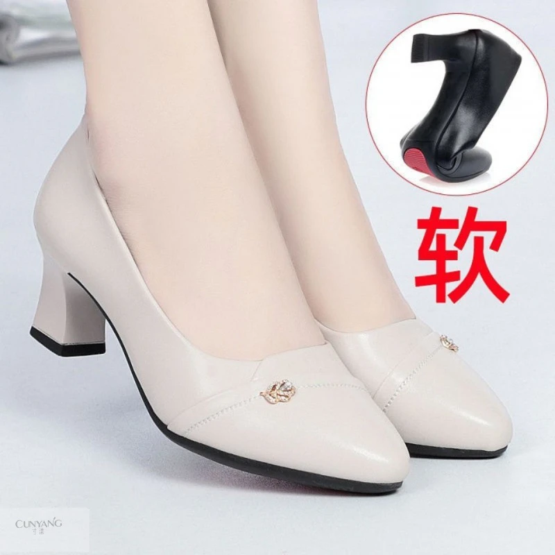 品牌2024新款高跟鞋单鞋女皮鞋女鞋子女新款妈妈鞋子春季中跟气质