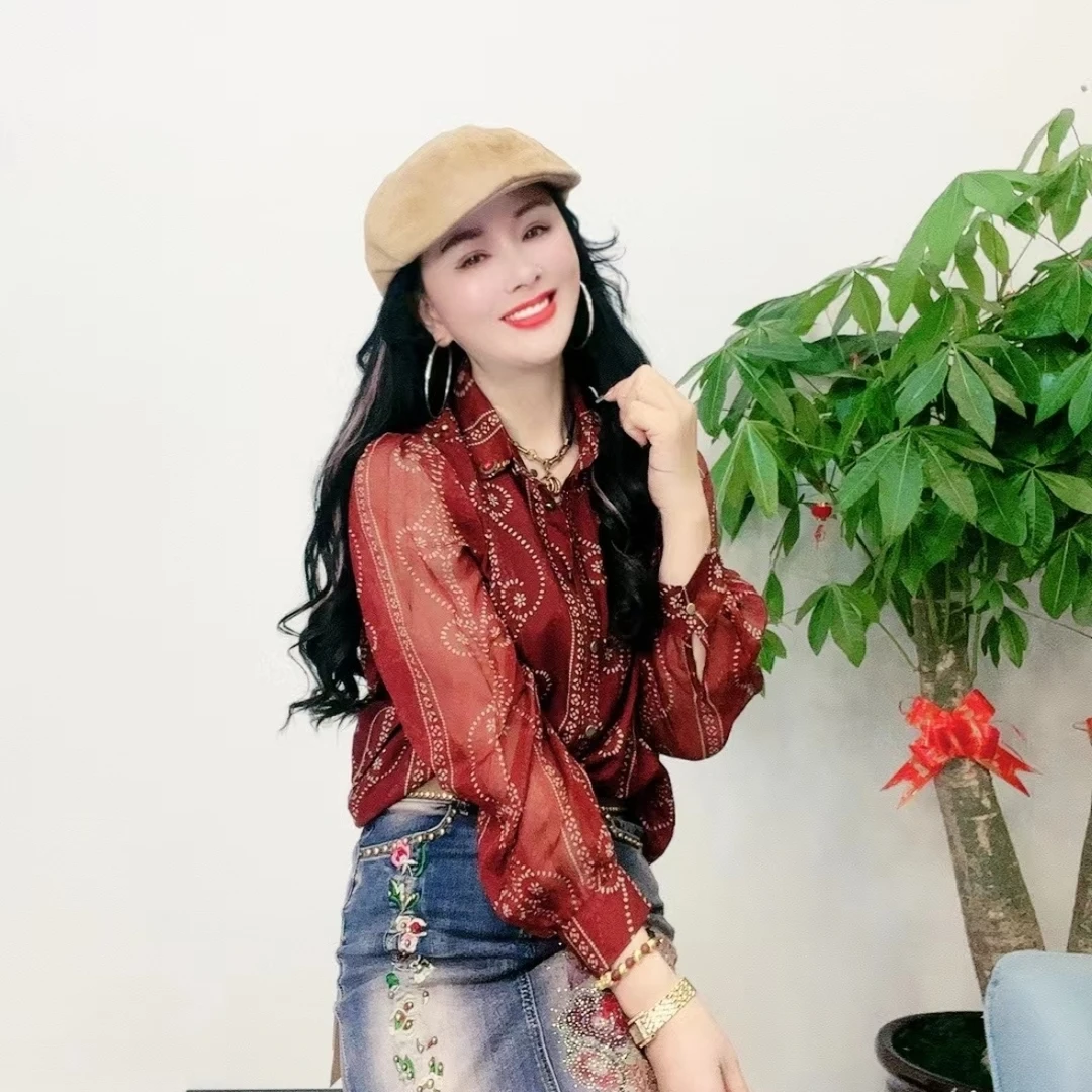 欧版复古红花色衬衫9108百搭印花时尚气质秋季上衣显瘦设计感
