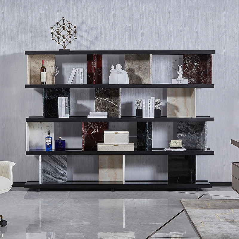 轻奢大理石书架落地简易设计师收纳后现代书柜组合意式书架置物架