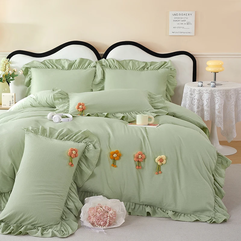 【公主风】纯色四件套有氧加厚亲肤柔软花边韩版小花/莫兰迪-海苔绿