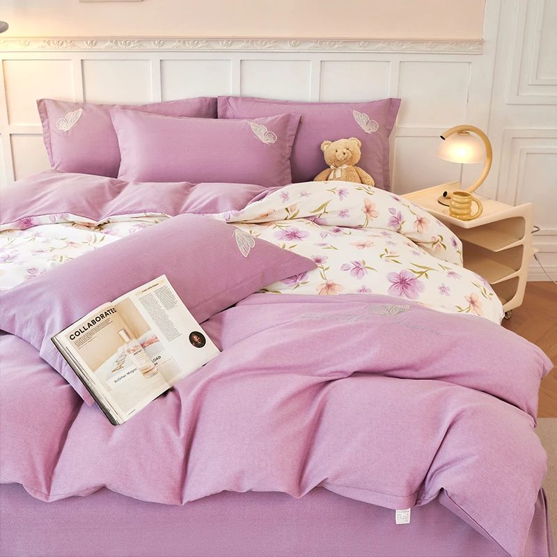 【高货】新疆彩棉全棉印＋绣纯棉亲肤四件套床上用品/魅朵-魅力紫