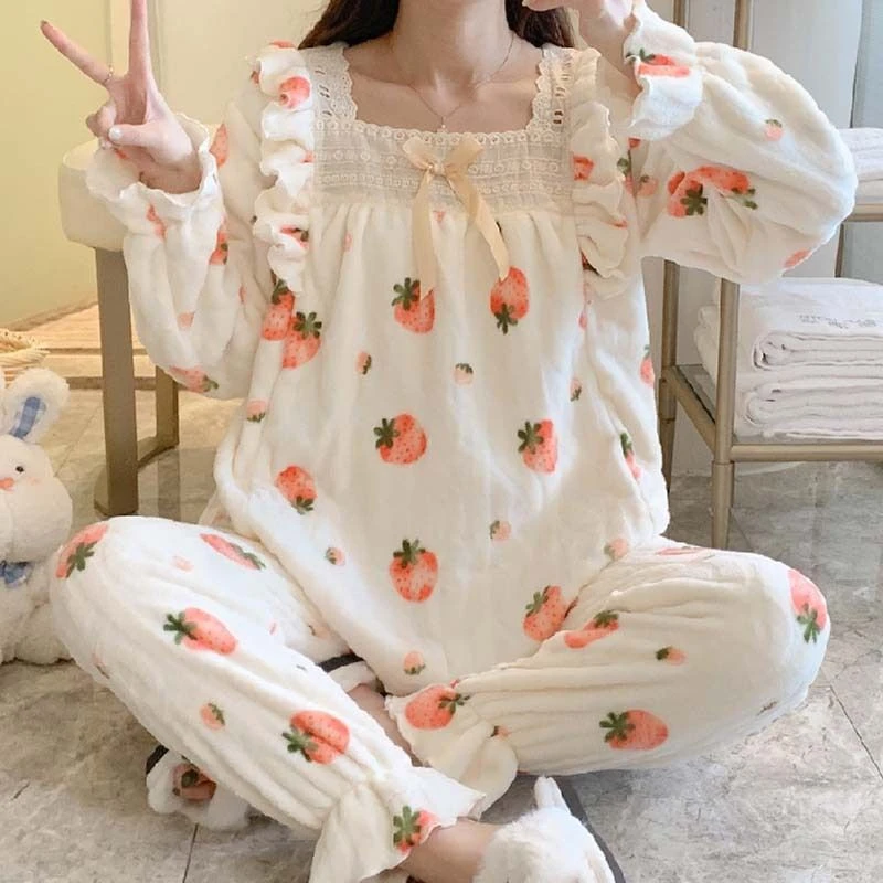 秋冬珊瑚绒睡衣女冬季加厚保暖法兰绒韩版公主甜美可爱家居服套装