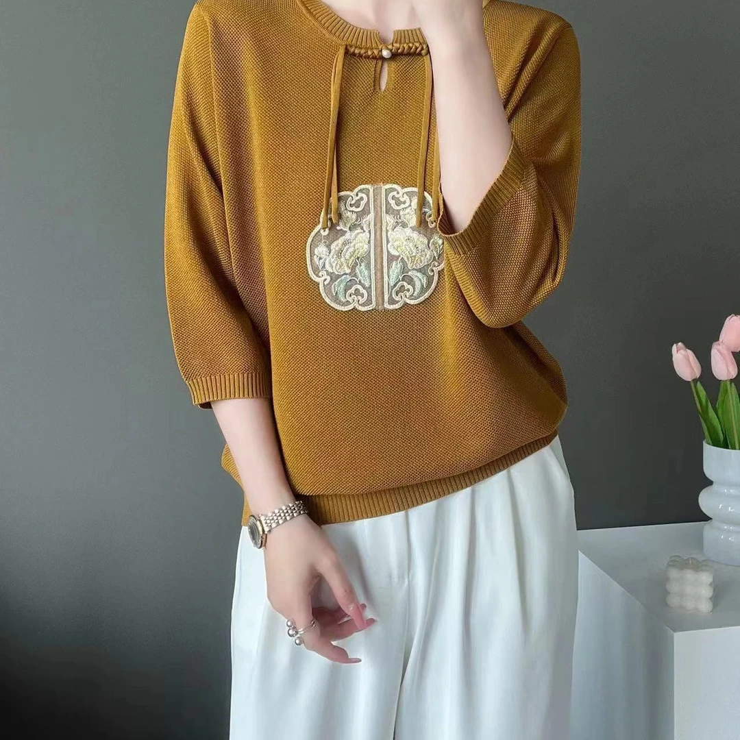 春季新款套头七分袖国风款冰麻针织衫