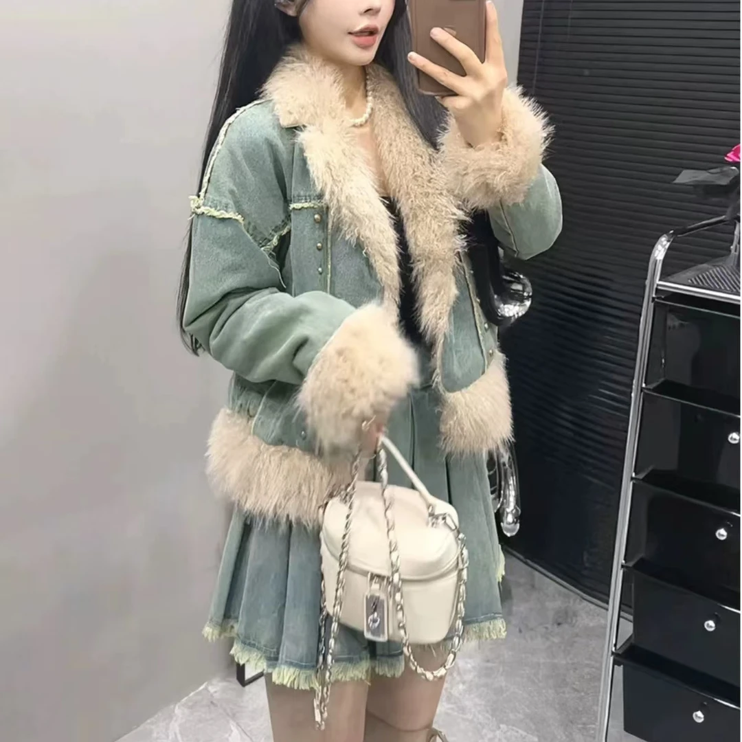 小香风牛仔外套装女秋冬季新款高级感气质名媛加厚短款牛仔套装裙