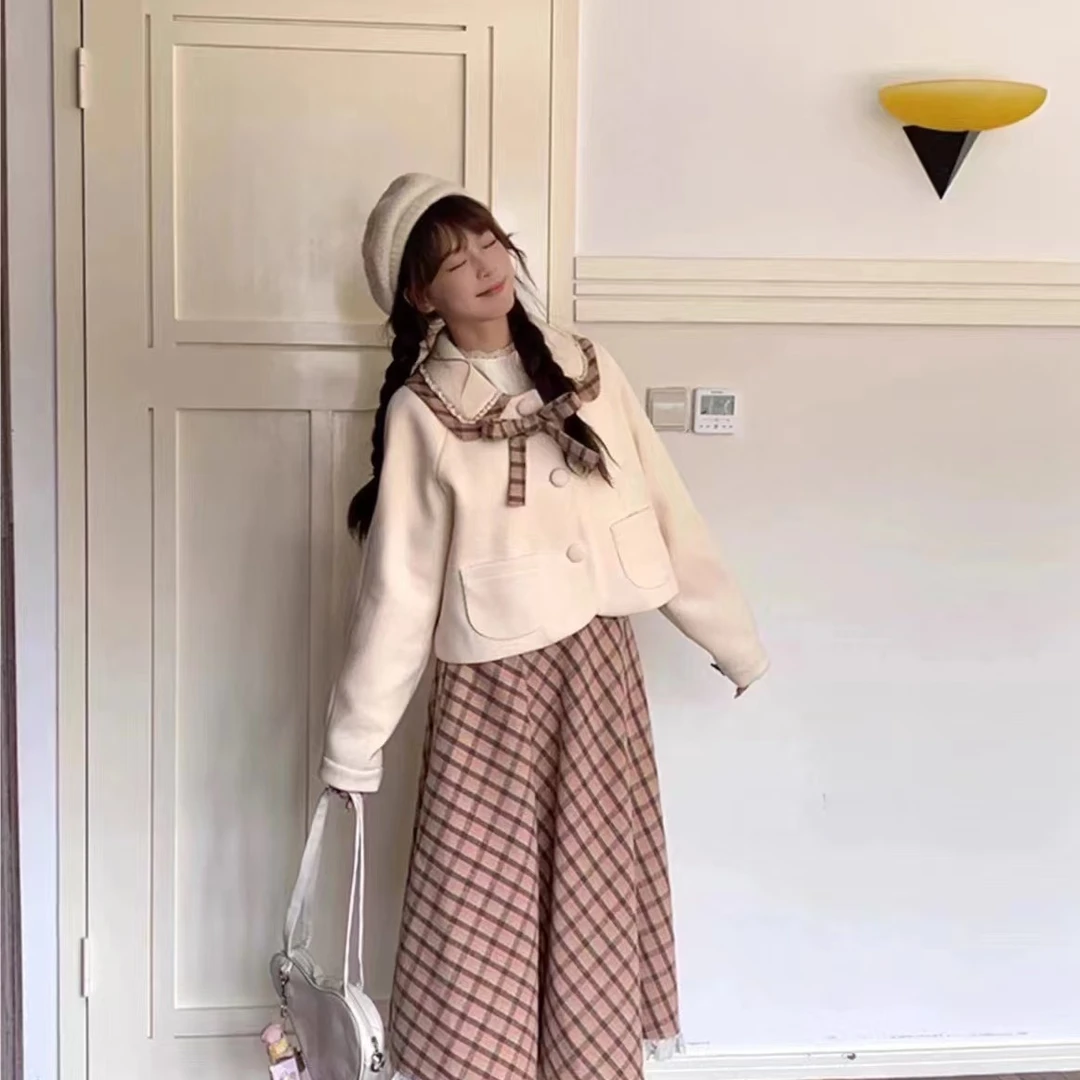 韩版甜美可爱学院风粉格子毛呢外套半身裙套装