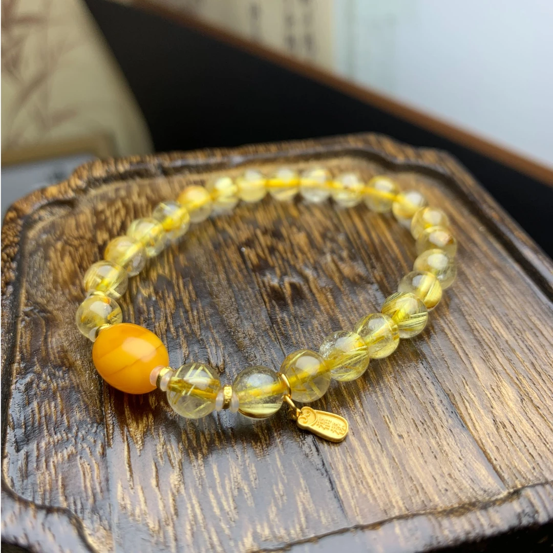 【天然金发晶蜜蜡银配件7mm手串】松柏珠宝 多样性发货一条