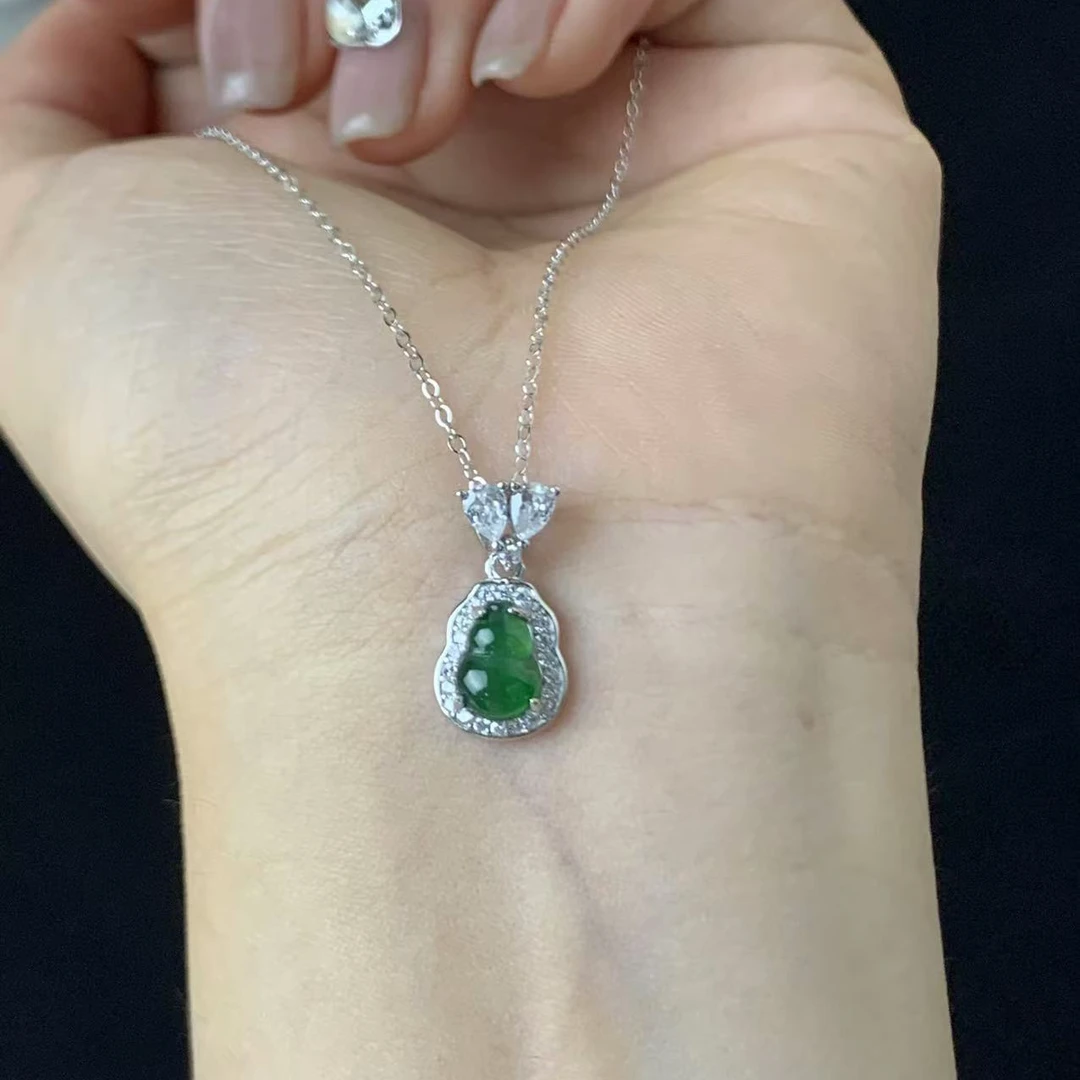 平川【天然A货翡翠葫芦银镶吊坠】松柏珠宝 多样性发货一个 送银链