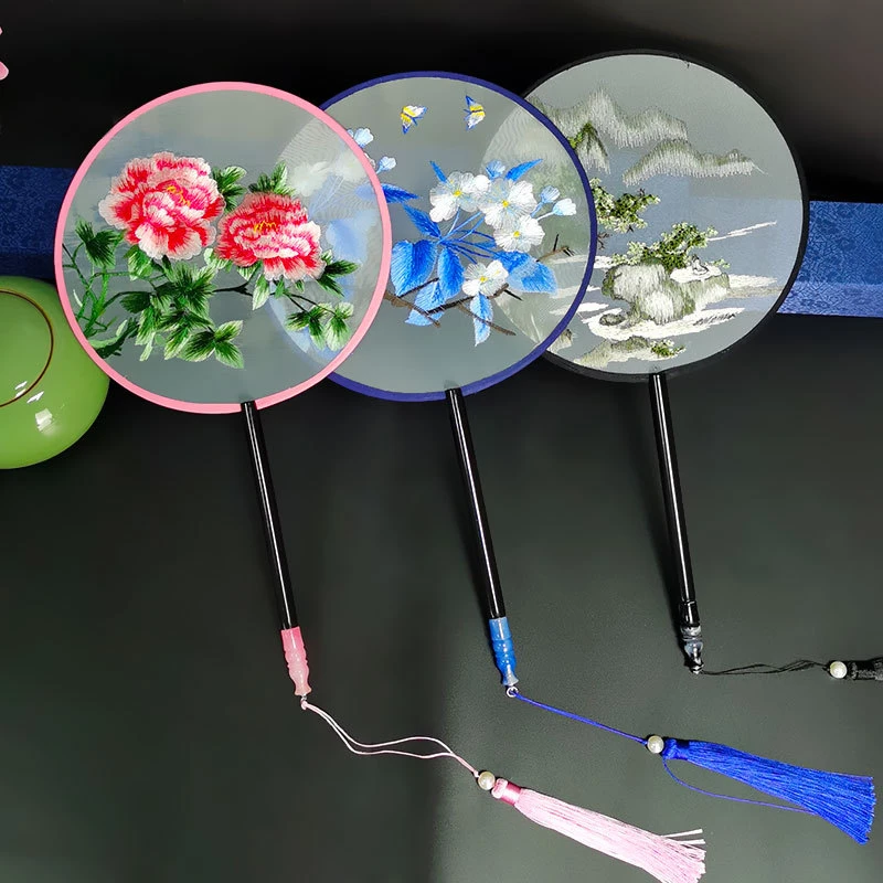 古风绣花圆形双面刺绣团扇中国风旗袍宫廷长柄圆扇舞蹈工艺扇子