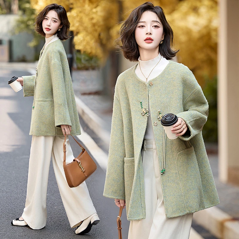 双面羊毛大衣女2024秋冬新款高级感小个子新中式气质羊毛呢子外套