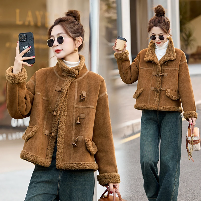 皮毛一体仿羊羔毛短款外套女2025冬装新款加厚立领高级感保暖上衣