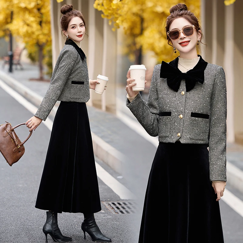 小香风时尚套装裙女冬2025新款蝴蝶结撞色短外套丝绒A字裙两件套