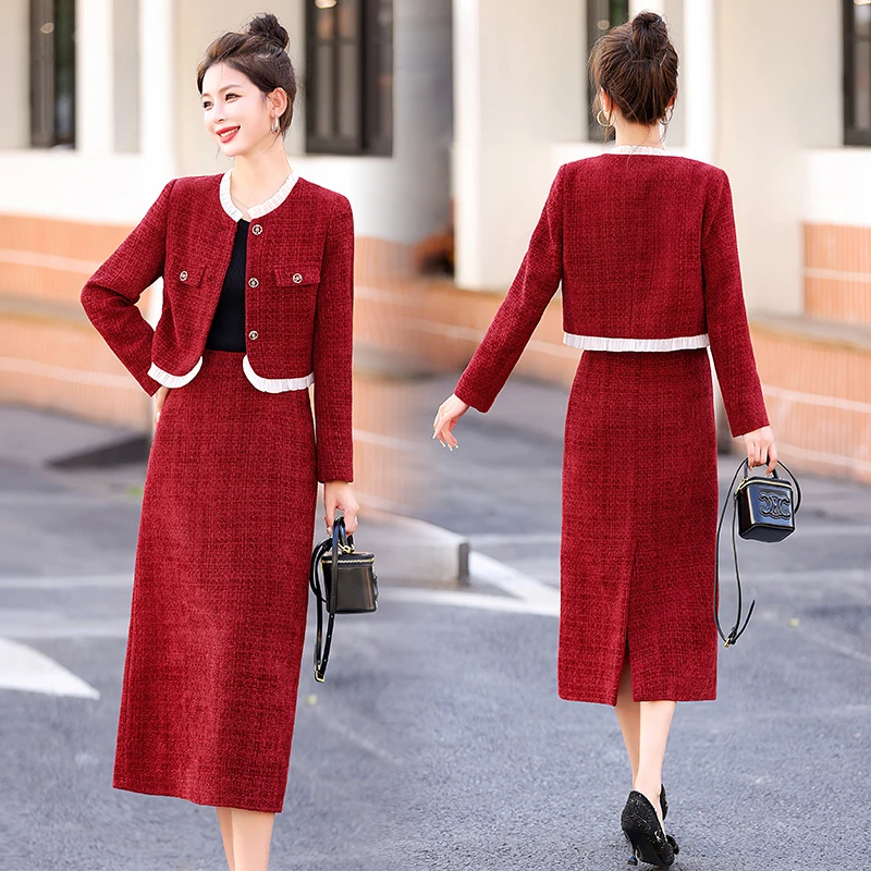 小香风加厚套装2025新款连衣裙秋冬高端红色结婚礼服喜婆婆婚宴装