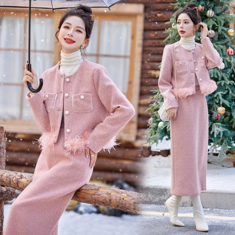 气质小香风套装裙女加厚冬季2024新款长袖外套半身裙长裙两件套潮