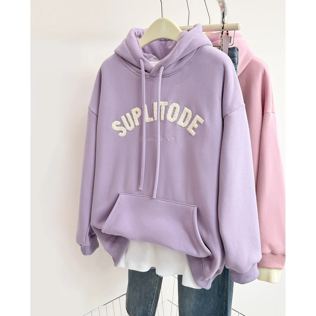 加绒加厚连帽套头卫衣女秋冬款冬季2024新款美式oversize外套上衣