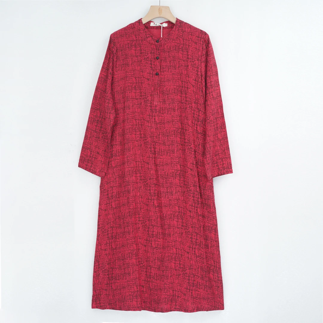 L1367长袖复古红色中长款中国风印花民族风提花长款连衣裙