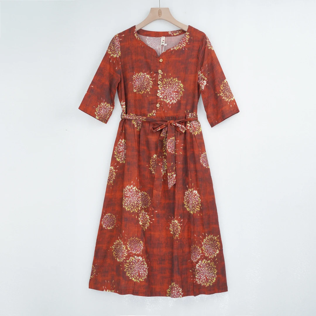 L1372显瘦气质时尚夏季复古国风中长款印花连衣裙