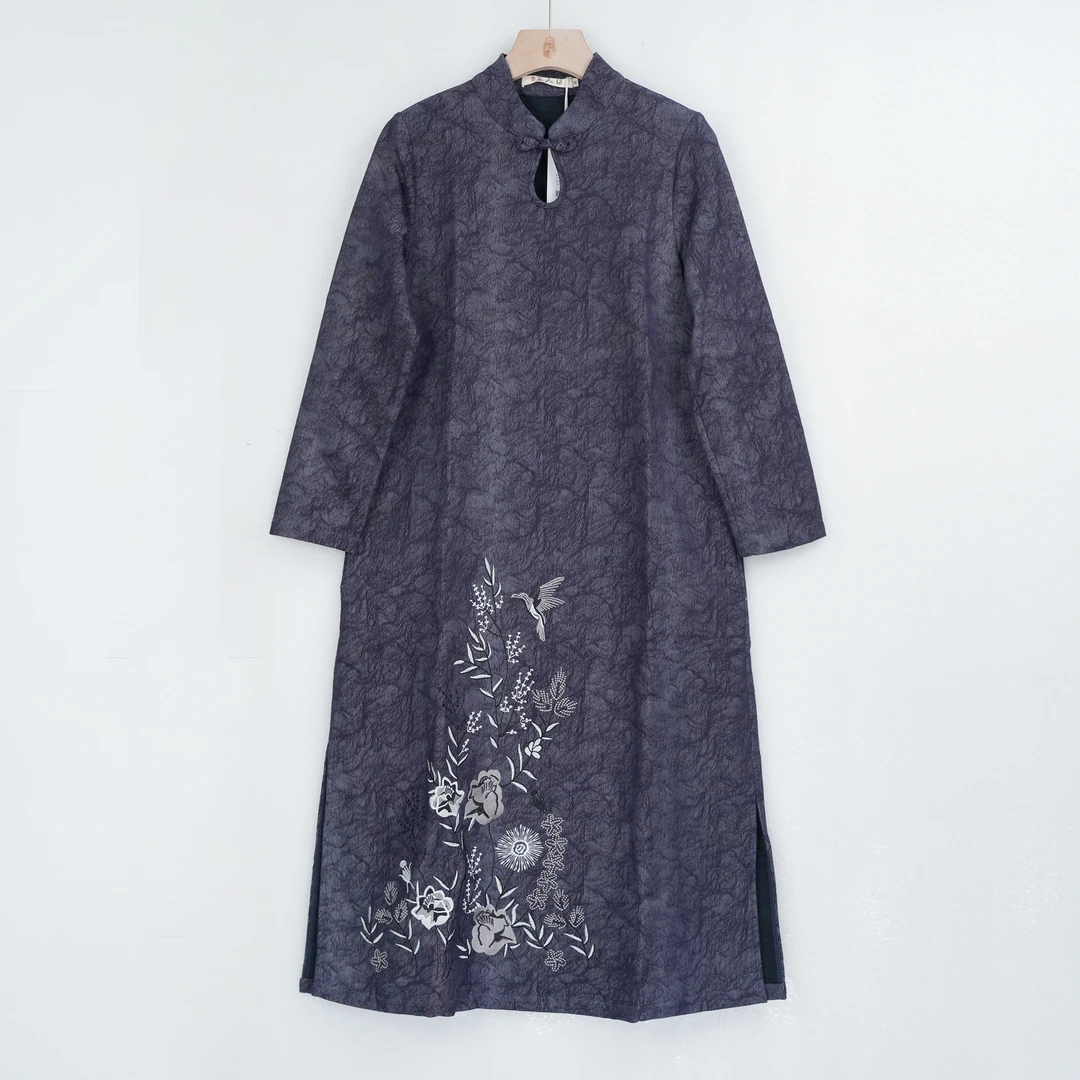 L31360新中式连衣裙黑色复古中长款中国风秋冬提花斜襟