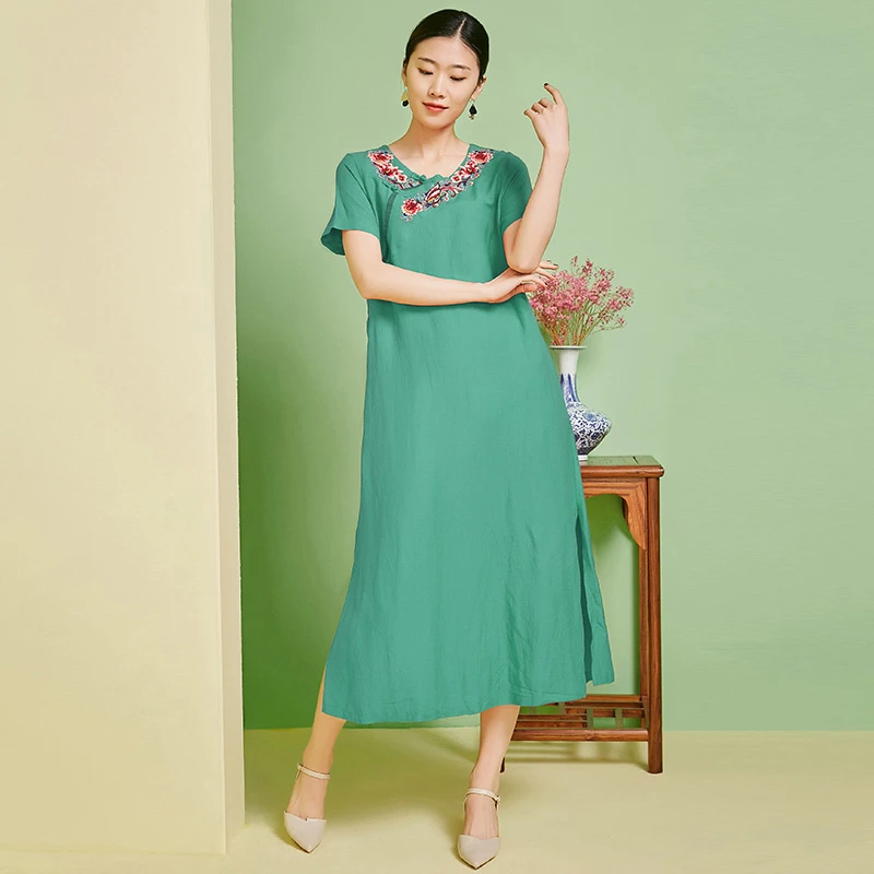 J2365扶摇棉麻国风复古长裙夏透气刺绣苎麻改良旗袍裙亚麻女裙