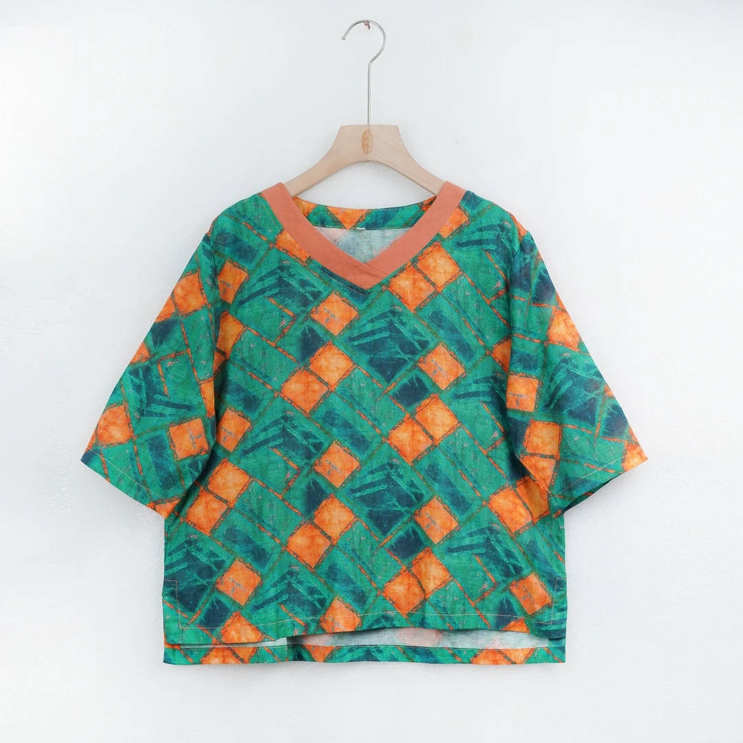 J2128印花短袖碎花宽松复古夏季百搭休闲套头民族风女士T恤