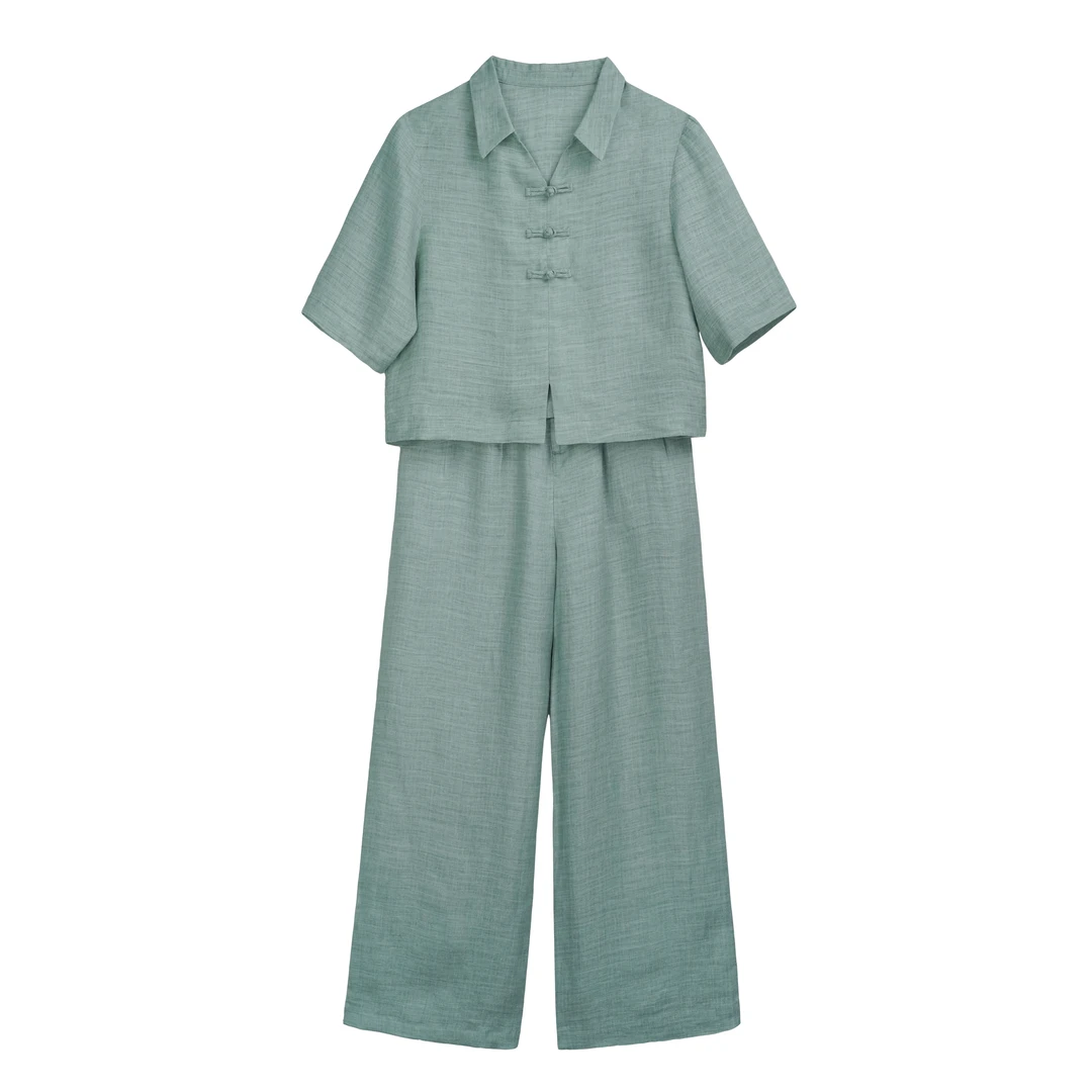 100%曼波薄荷绿醋酸工艺苎麻夏季中国风新中式阔腿裤女套装DS6365