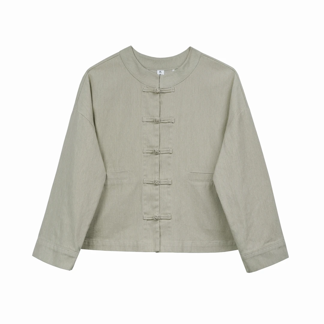 【亚麻牛仔】2025新款重磨酵素洗盘扣纯色气质新中式外套DA5108