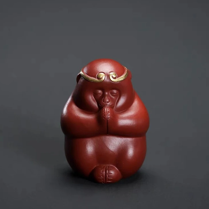宜兴紫砂茶宠猴子小摆件手工大圣孙悟空描金摆件雕塑茶具精品可养