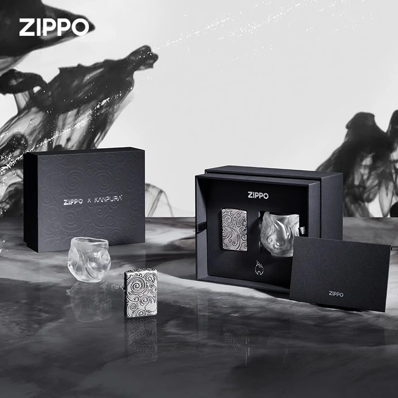 ZIPPO正品打火机流云淬火银色琉璃杯套盒男士复古防风盔甲机