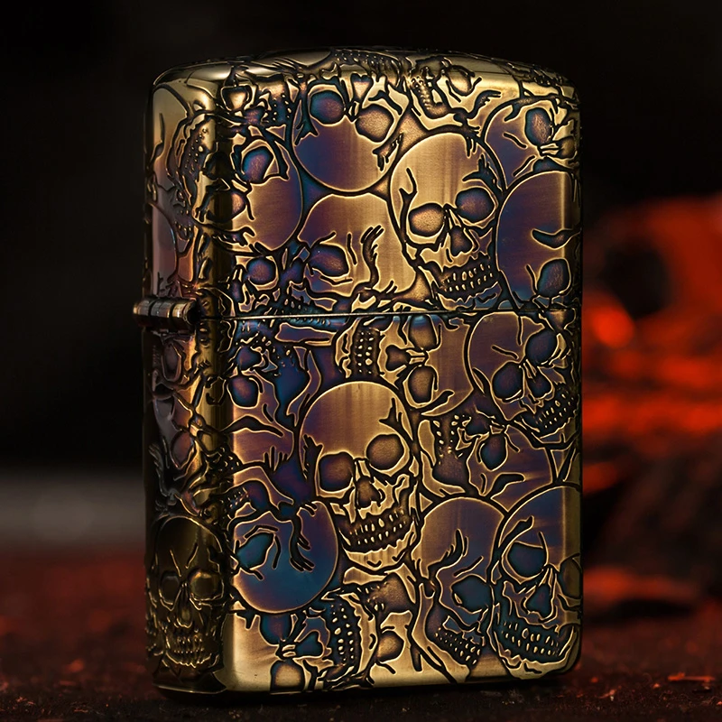 【死亡之谷金色】zippo打火机正品蚀刻工艺男士复古骷髅防风盔甲机