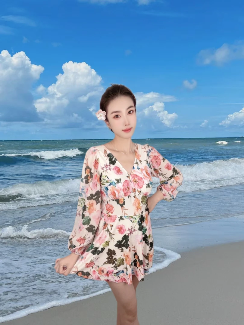 夏季2024新款四季 连体泳衣长袖泡温泉海岛裙式保守潜水服法式