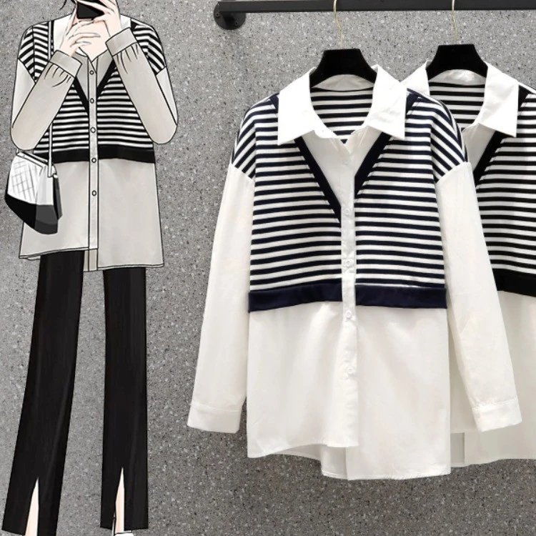 【谷梦飞服装店】2023032拼接宽松衬衫假两件西装条纹