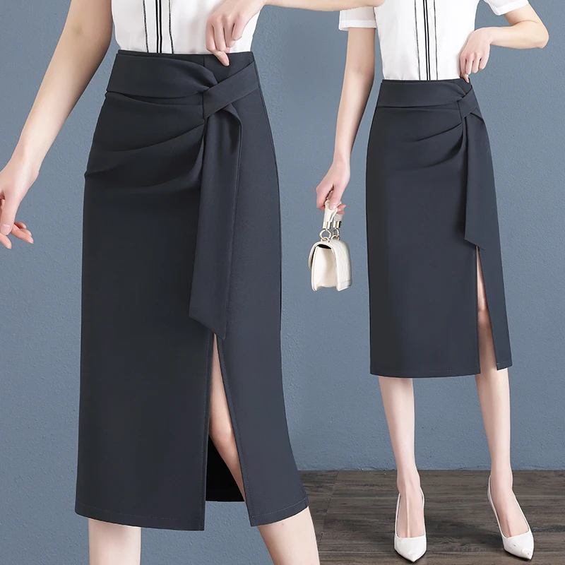 2024春夏时尚百搭气质显瘦半身裙中长款遮肚子垂感开叉高腰半身裙