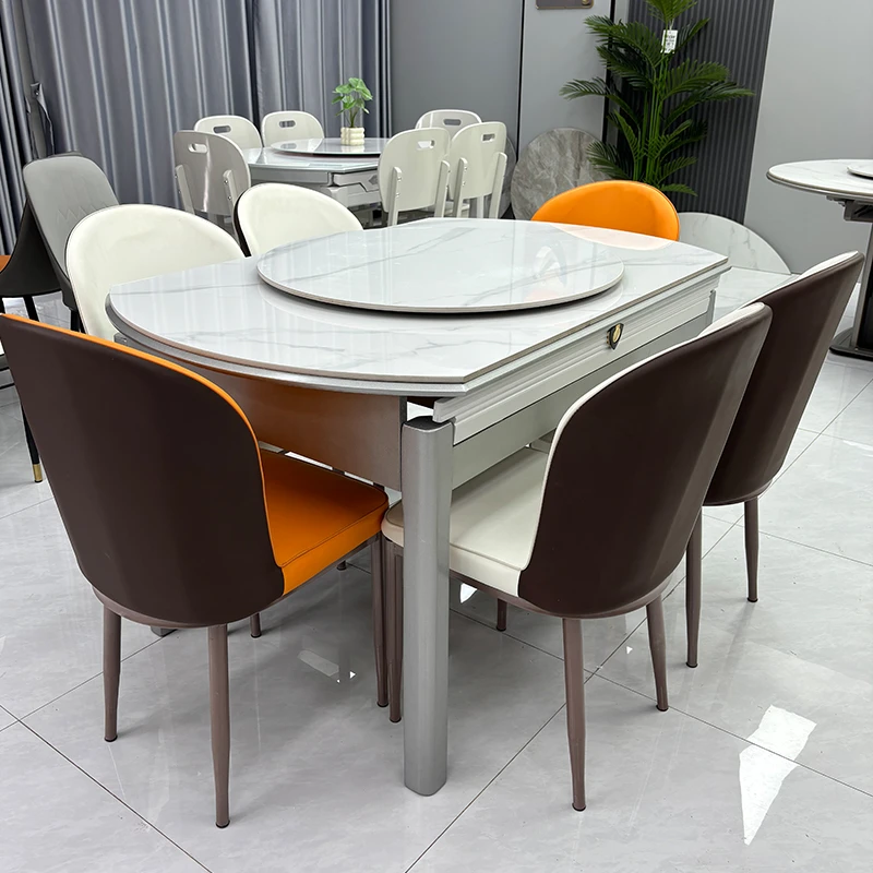 家用岩板餐桌可伸缩两用现代简约小户型吃饭桌子圆桌折叠两用餐椅