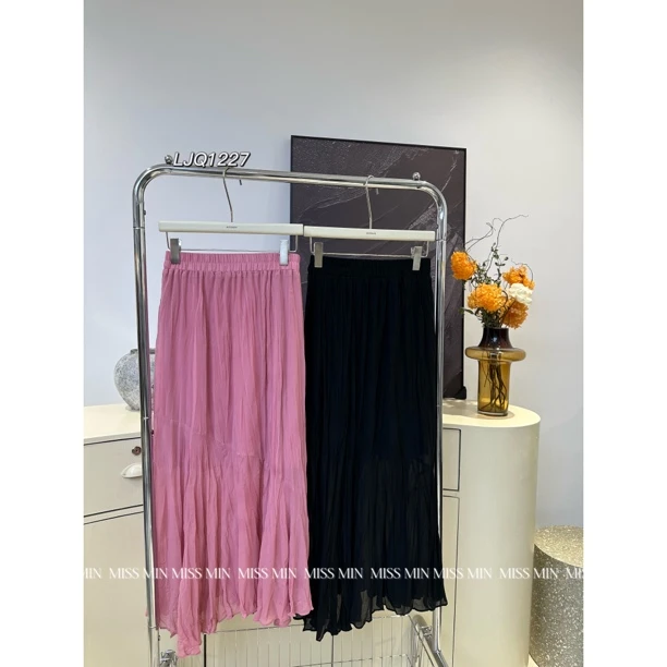 MISS MIN  1227  纯色半身裙中长款百褶大摆垂感开叉半裙褶皱裙
