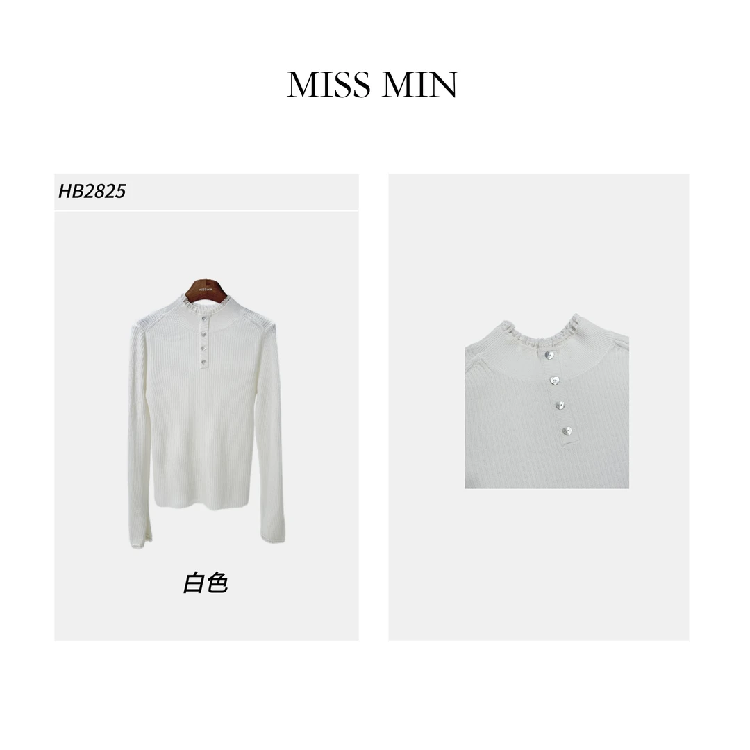 MISS MIN  HB2825 法式蕾丝木耳边拼接竖条毛衣洋气显瘦针织衫